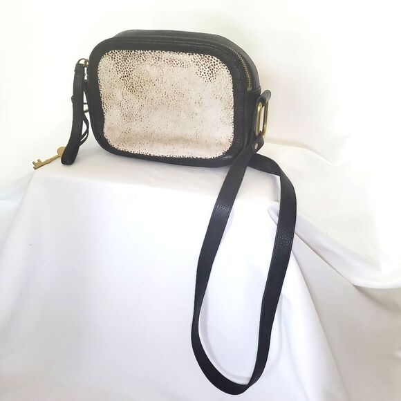 Fossil Crossbody Bag Women's Small Black Cream Animal Leopard Print Structured - Picture 1 of 13